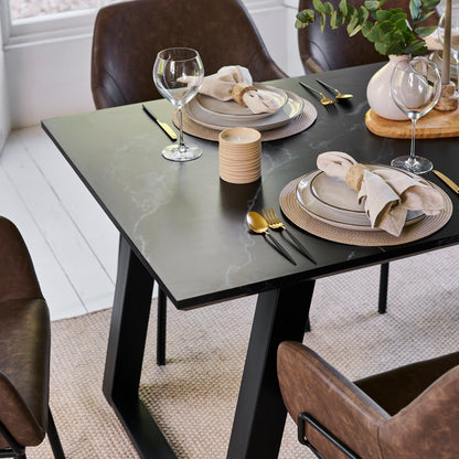 Atlas 160cm Black Marble Veneer Dining Table Set - 6 Seater - Reagan Dining Armchairs - Saddle Brown - Laura James