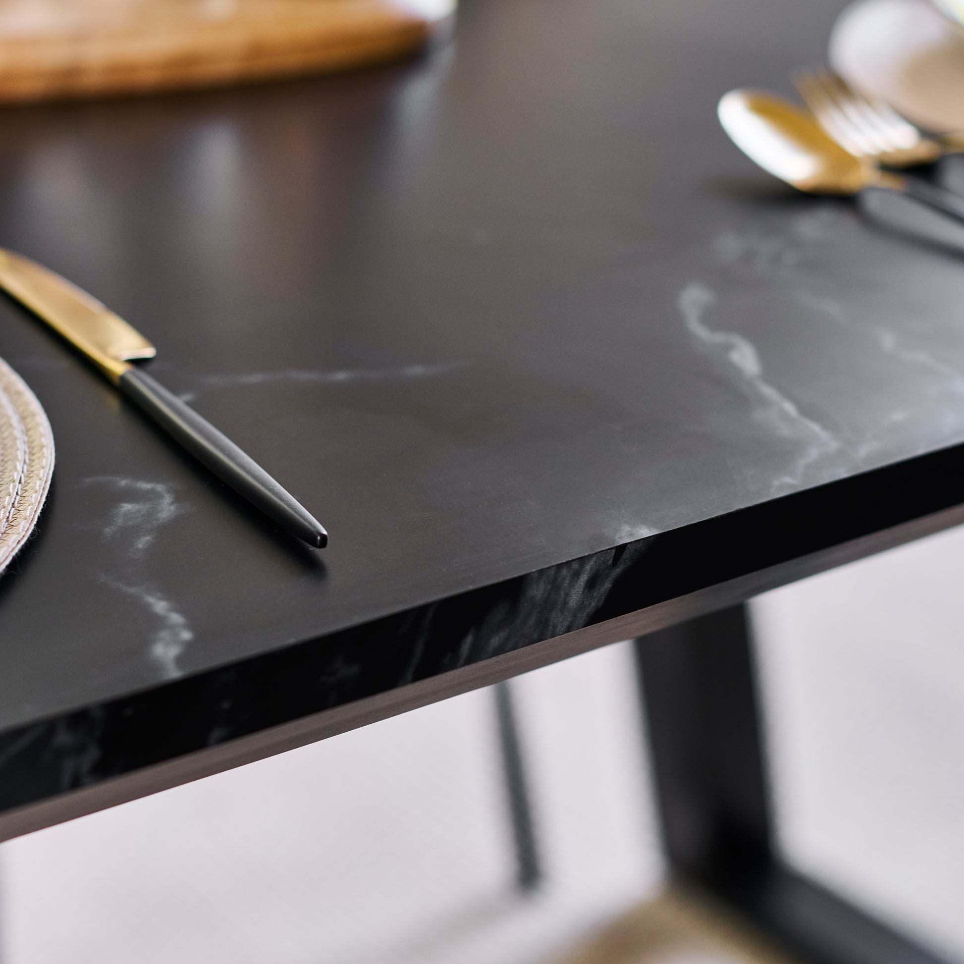 Atlas 160cm Black Marble Veneer Dining Table Set - 6 Seater - Reagan Dining Armchairs - Saddle Brown - Laura James