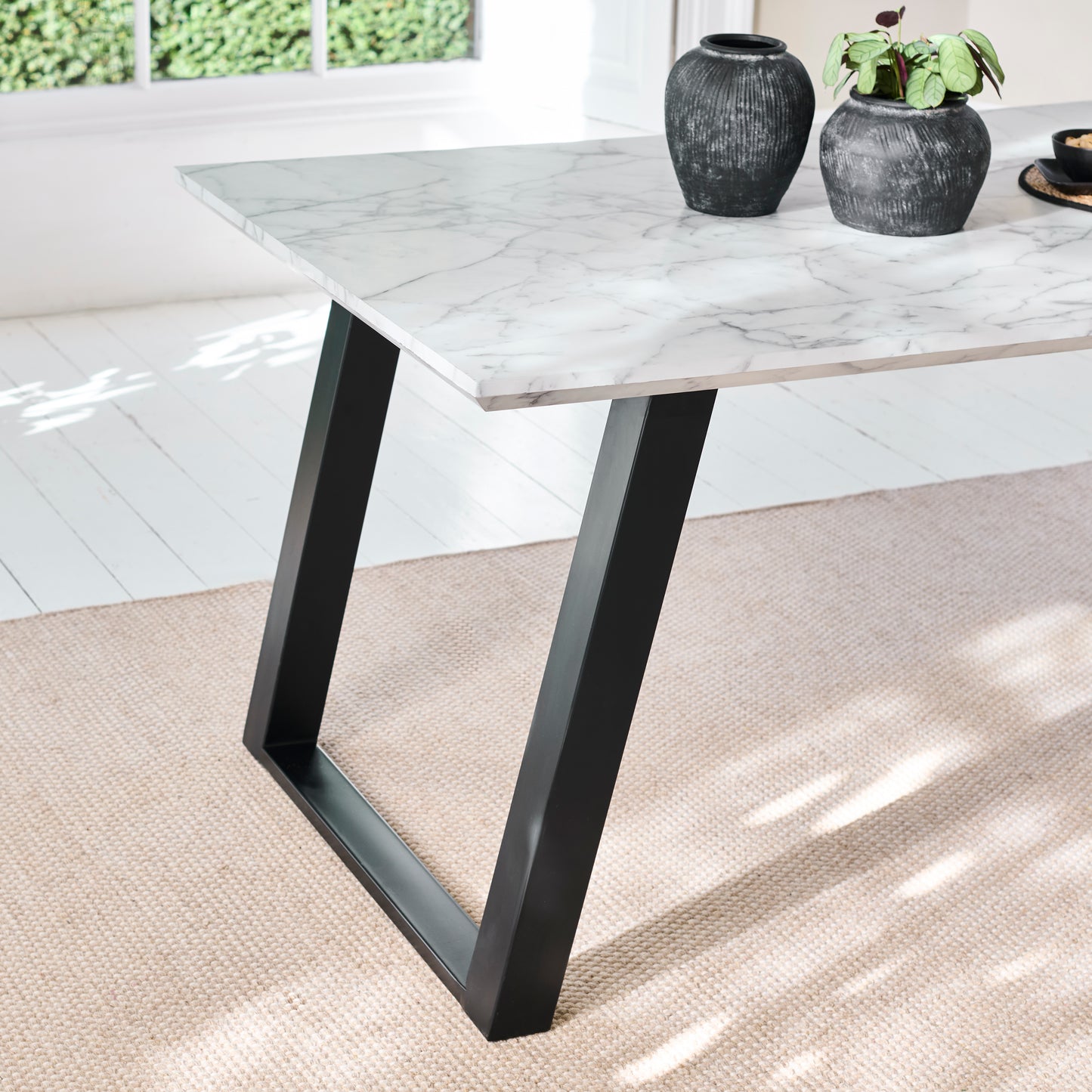 Atlas White Marble Dining Table - Black Metal Legs - Laura James