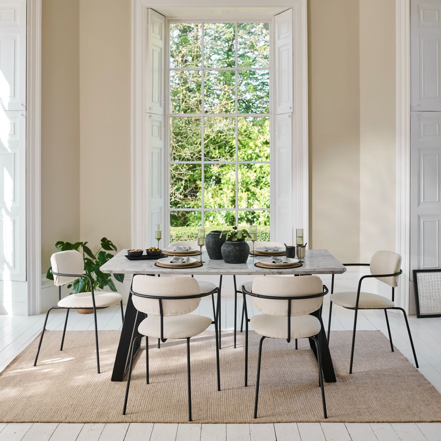 Atlas 160cm White Marble Veneer Dining Table Set - 6 Seater - Luca Dining Chairs - Light Beige - Laura James