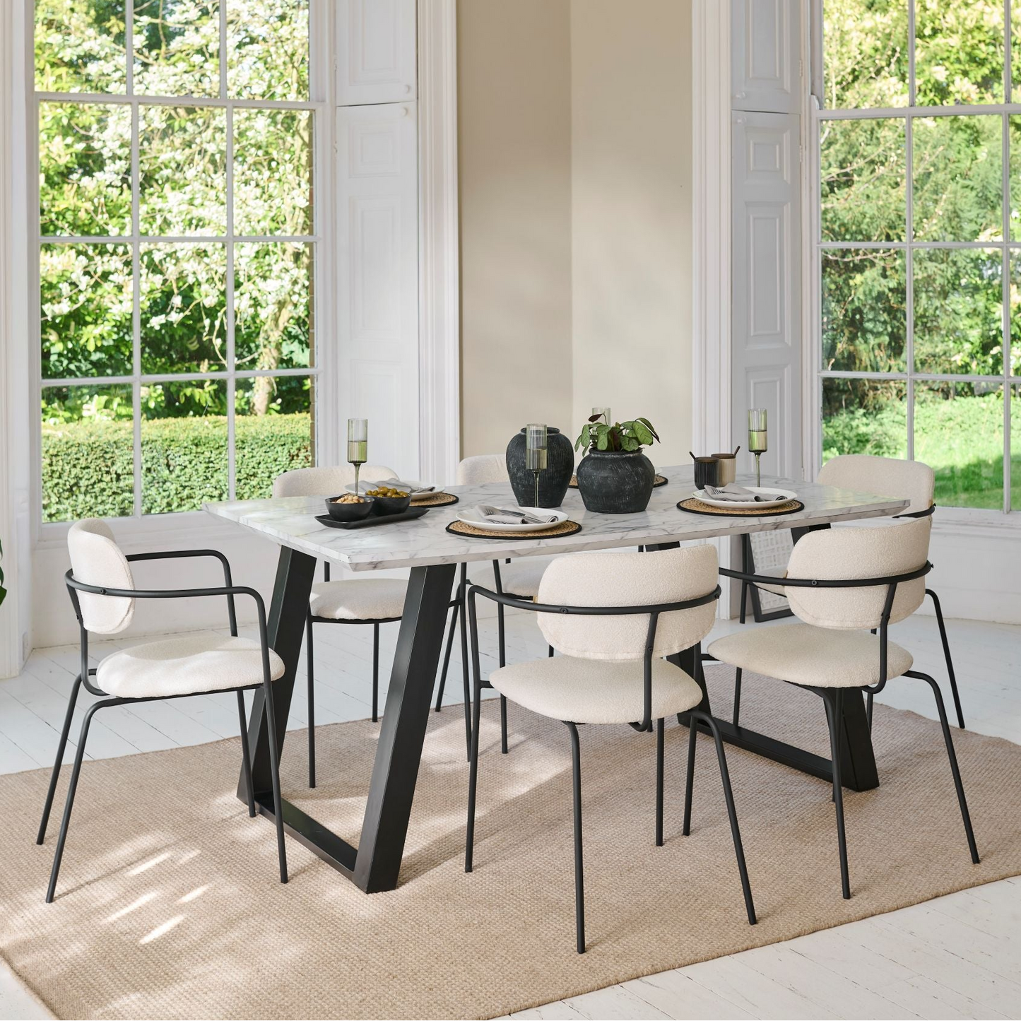 Atlas 160cm White Marble Veneer Dining Table Set - 6 Seater - Luca Dining Chairs - Light Beige - Laura James