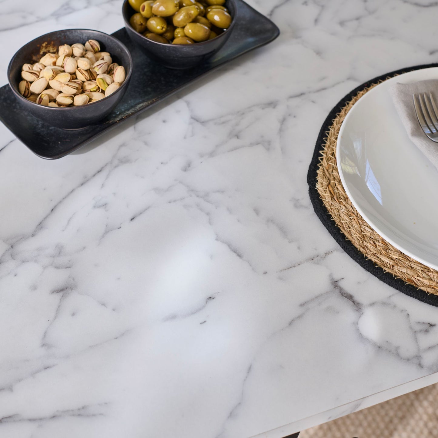 Atlas 160cm White Marble Veneer Dining Table Set - 6 Seater - Luca Dining Chairs - Light Beige - Laura James