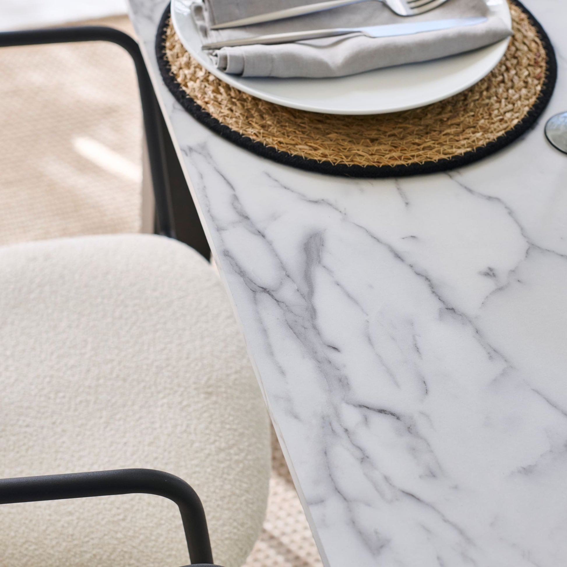 Atlas 160cm White Marble Veneer Dining Table Set - 6 Seater - Luca Dining Chairs - Light Beige - Laura James