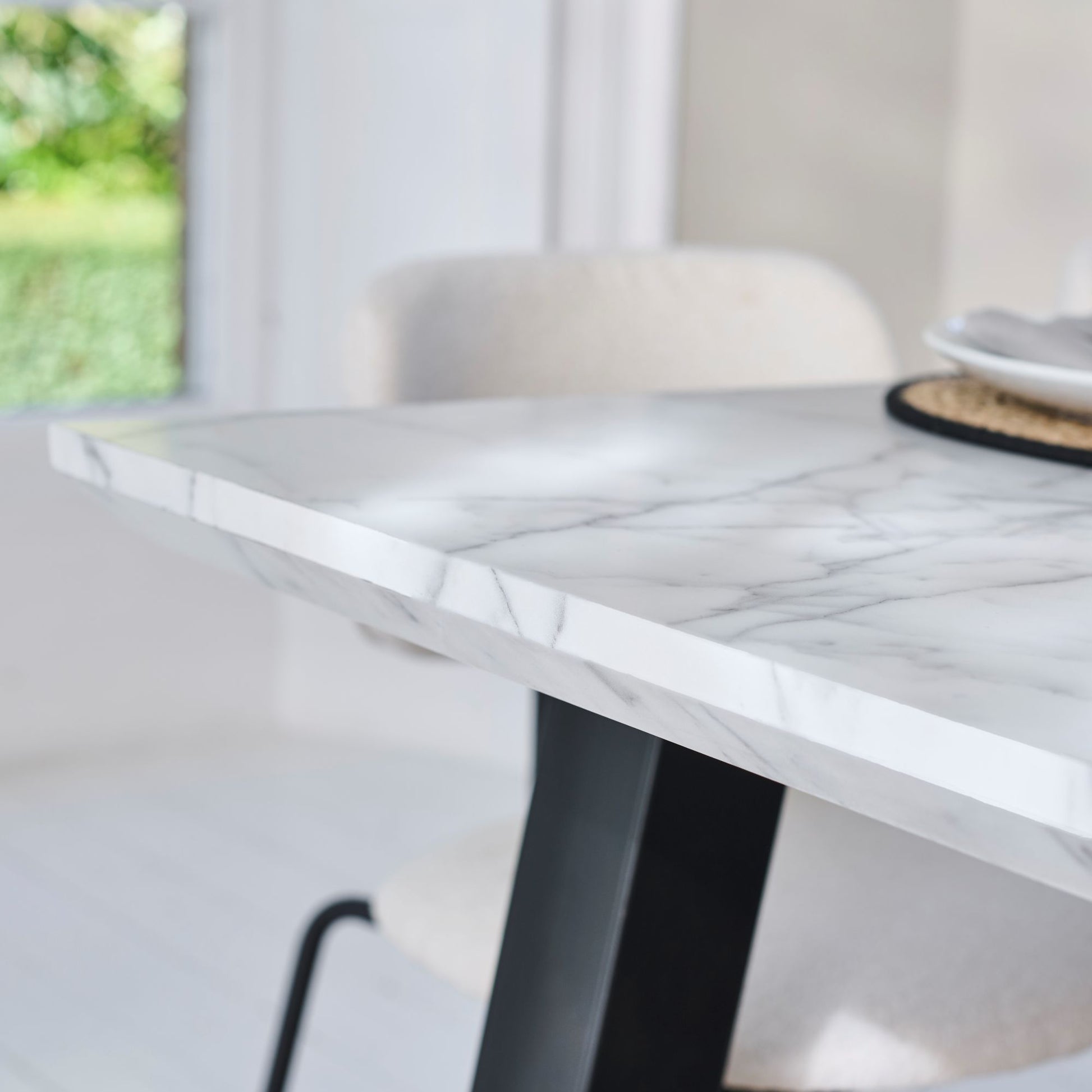 Atlas 160cm White Marble Veneer Dining Table Set - 6 Seater - Luca Dining Chairs - Light Beige - Laura James
