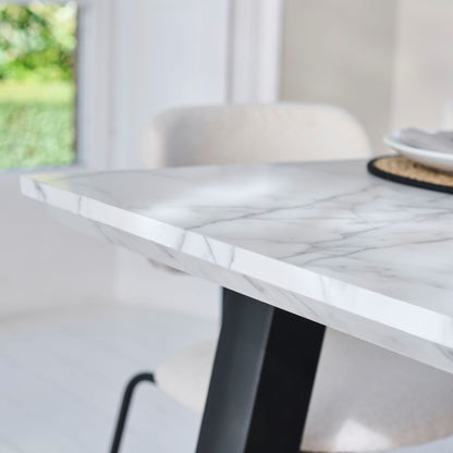 Atlas 160cm White Marble Veneer Dining Table Set - 6 Seater - Luca Dining Chairs - Light Beige - Laura James