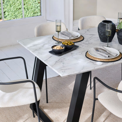 Atlas 160cm White Marble Veneer Dining Table Set - 6 Seater - Luca Dining Chairs - Light Beige - Laura James