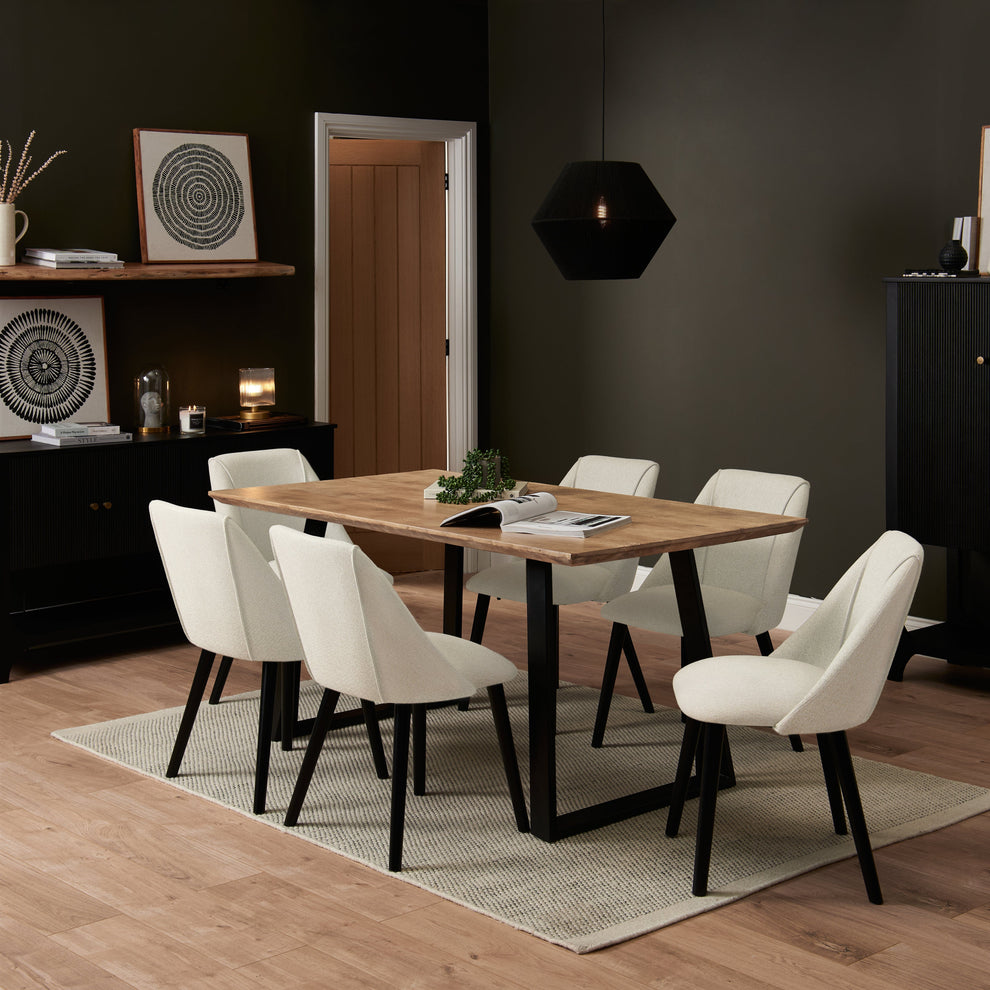 Atlas Chalked Mangowood Dining Table - 6 Seater - Freya Ecru Boucle ...