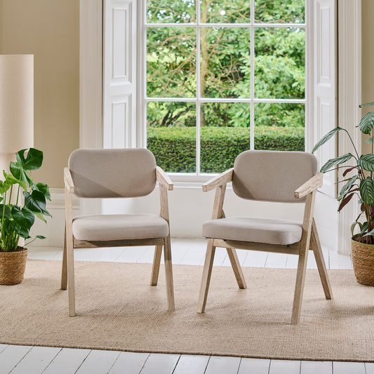 Aurelia Soft Beige Dining Armchairs - Set of 2 - Whitewash Oak Legs - Laura James