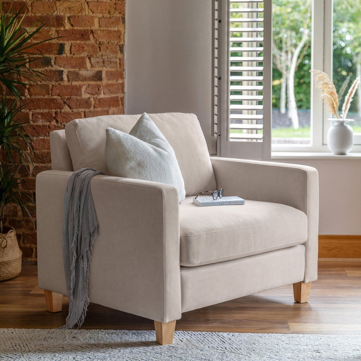 Ava Soft Beige Armchair - Pale Oak Legs - Laura James 