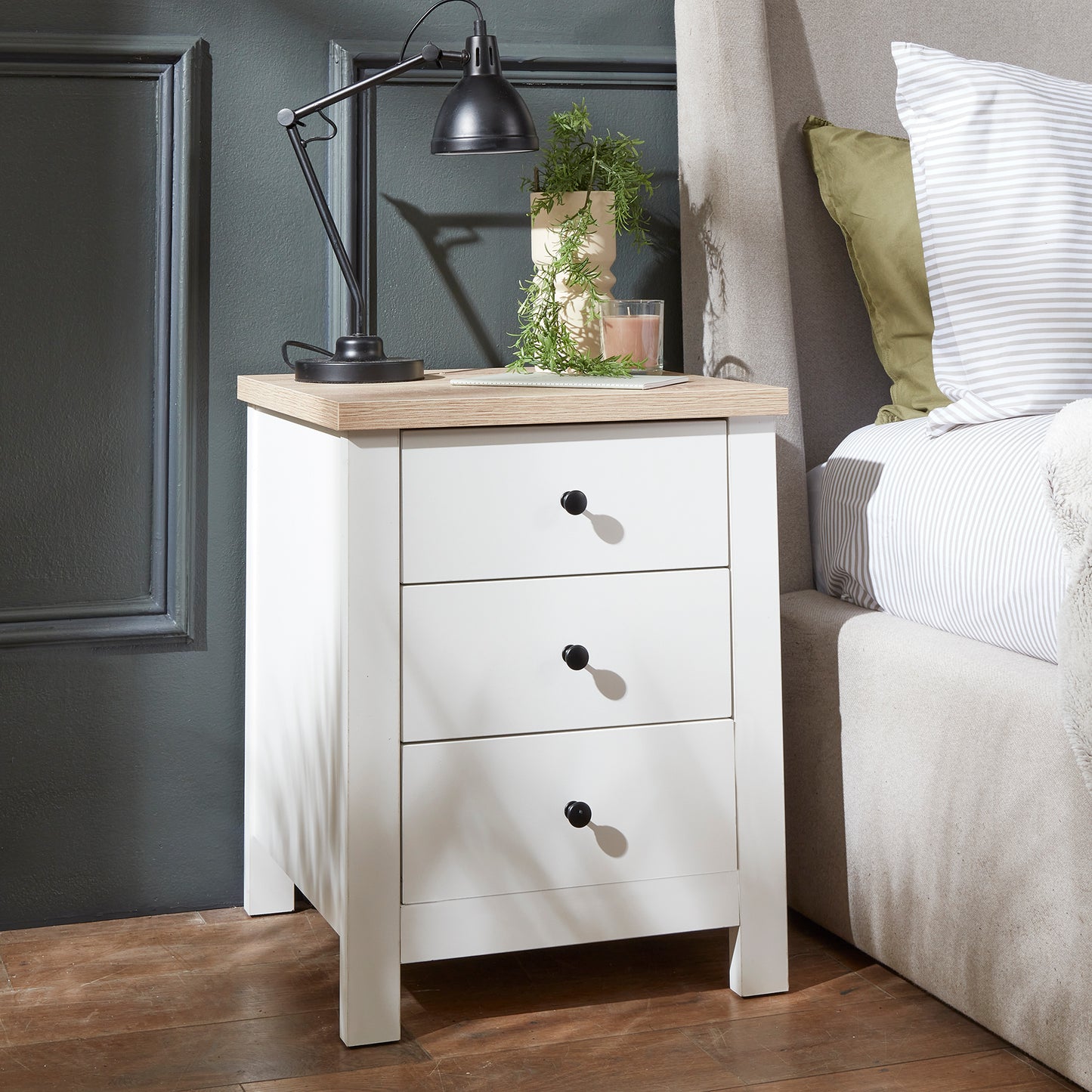 Bampton 3 Drawer Bedside Table - White