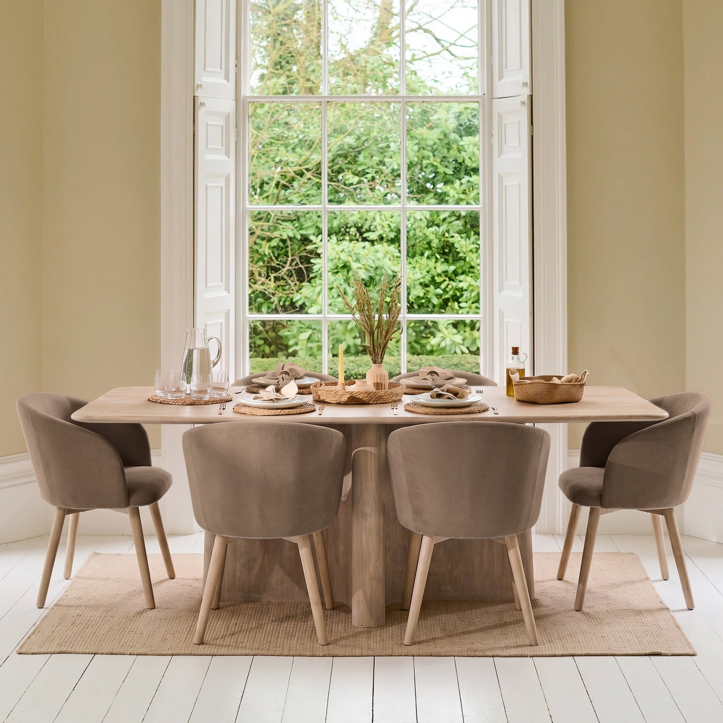 Bastian 220cm Limewash Dining Table Set - 6 Seater - Archer Natural Brown Dining Chairs - Whitewash Legs - Laura James 