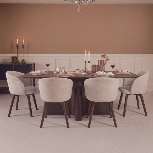 Bastian 220cm Coffee Brown Mango Wood Dining Table Set - 6 Seater -  Archer Soft Beige Dining Chairs - Coffee Brown Legs