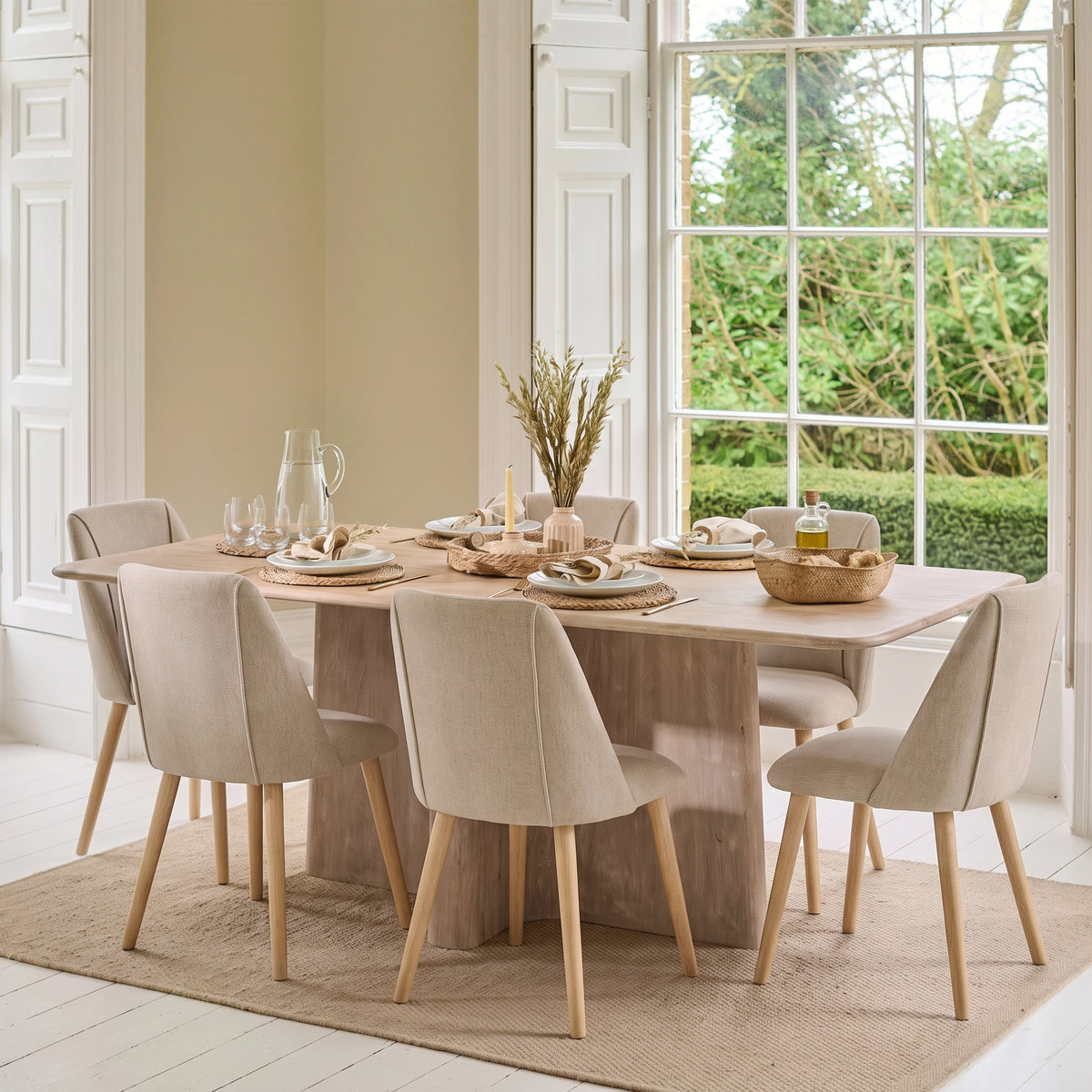 Bastian 220cm Limewash Dining Table Set - 6 Seater - Freya Sand Dining Chairs - Chalked Mango Wood Legs - Laura James 
