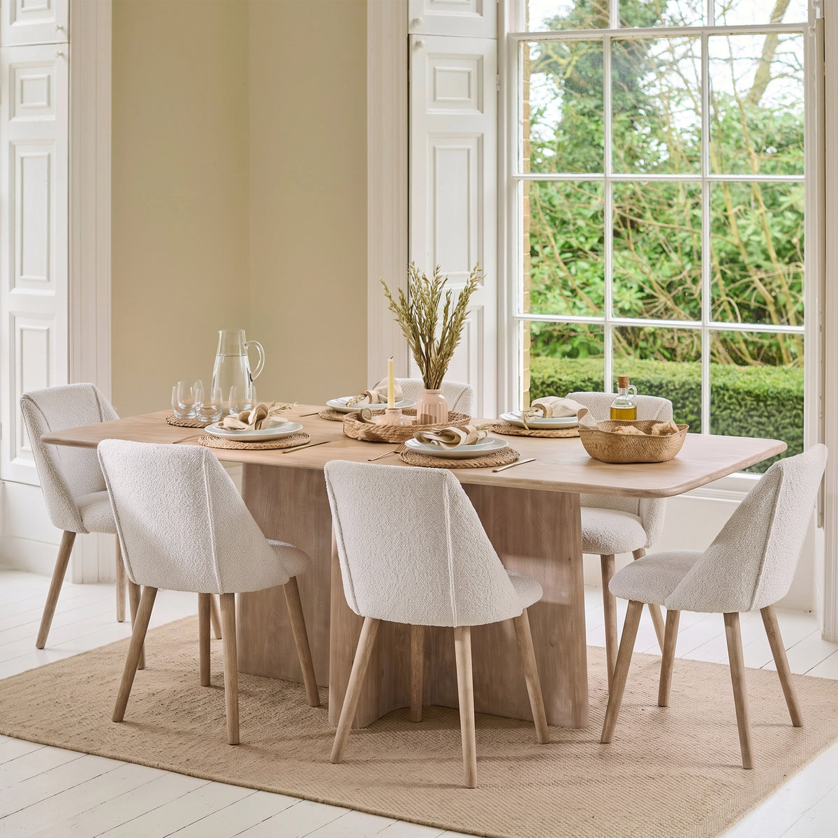 Bastian 220cm Limewash Dining Table Set - 6 Seater - Freya Oat Boucle Dining Chairs - Chalked Mango Wood Legs - Laura James 