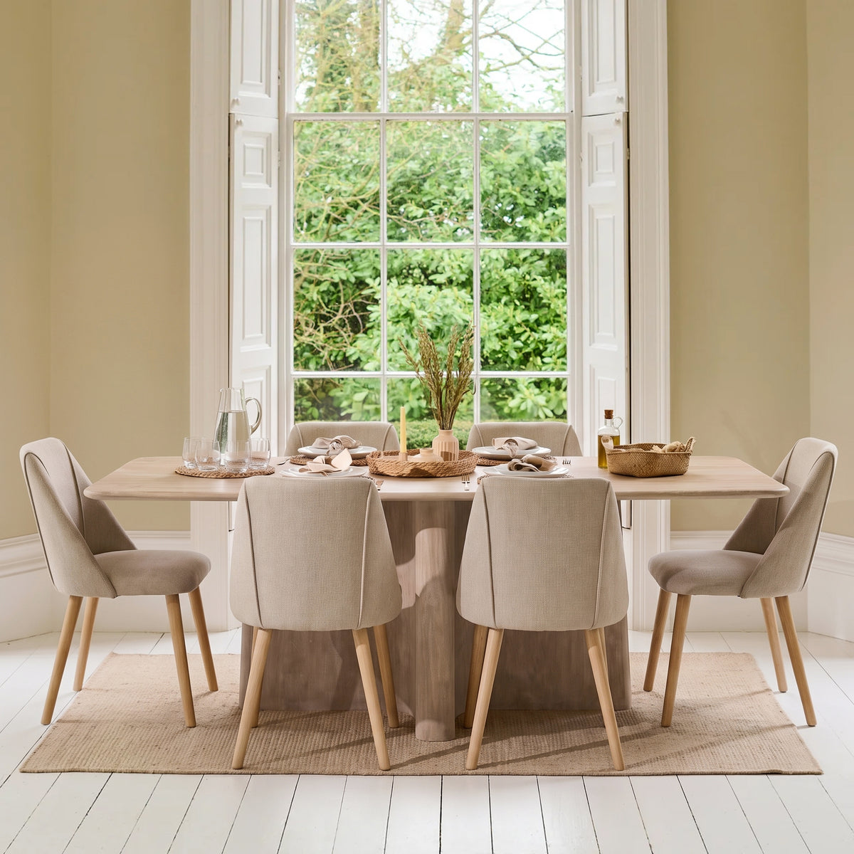 Bastian 220cm Limewash Dining Table Set - 6 Seater - Freya Sand Dining Chairs - Chalked Mango Wood Legs - Laura James 