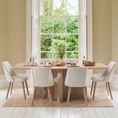 Bastian 220cm Limewash Dining Table Set - 6 Seater - Freya Oat Boucle Dining Chairs - Chalked Mango Wood Legs - Laura James 