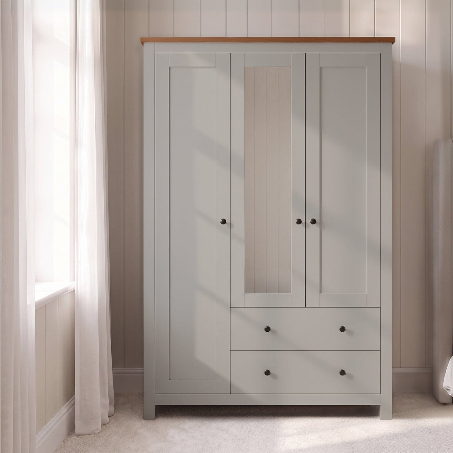 Bampton 3 Door Wardrobe with 2 Drawers - Stone Grey - Laura James 
