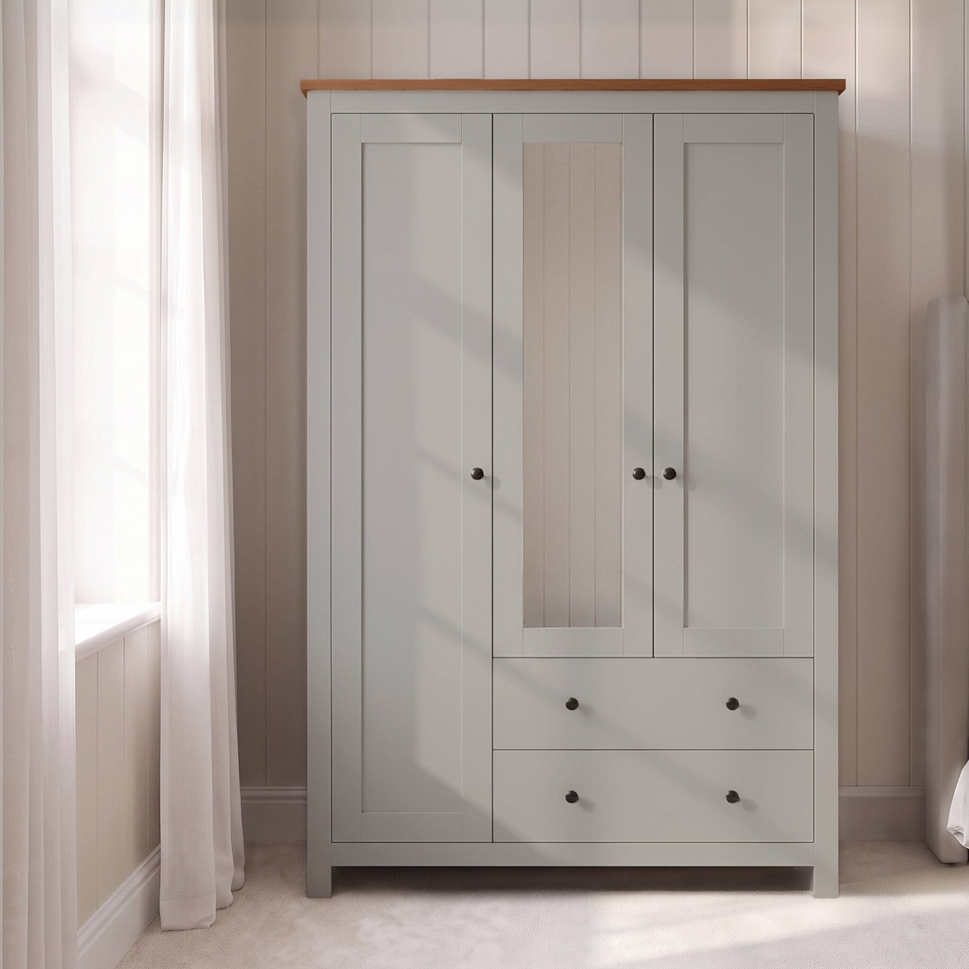 Bampton 3 Door Wardrobe with 2 Drawers - Stone Grey - Laura James 