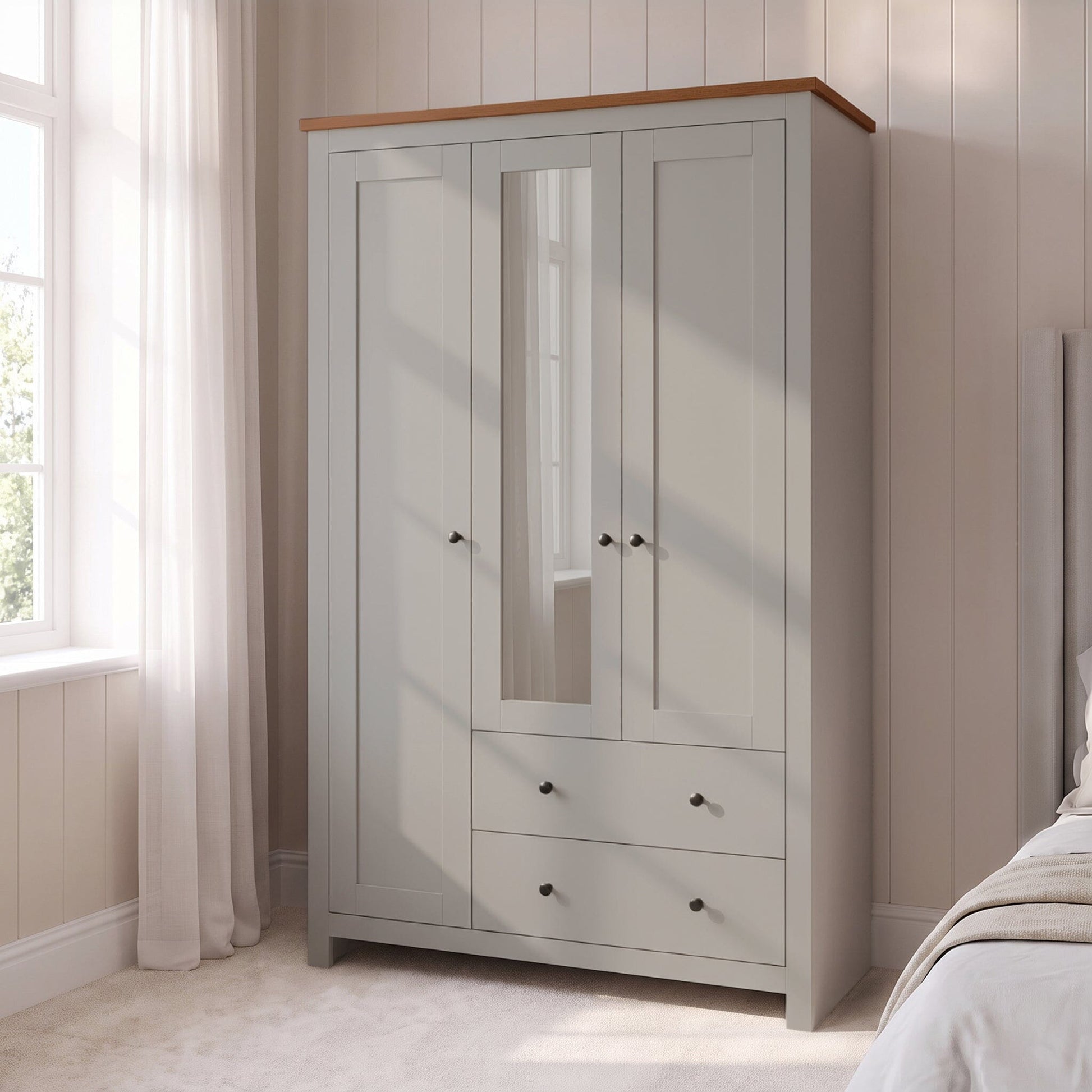 Bampton 3 Door Wardrobe with 2 Drawers - Stone Grey - Laura James 