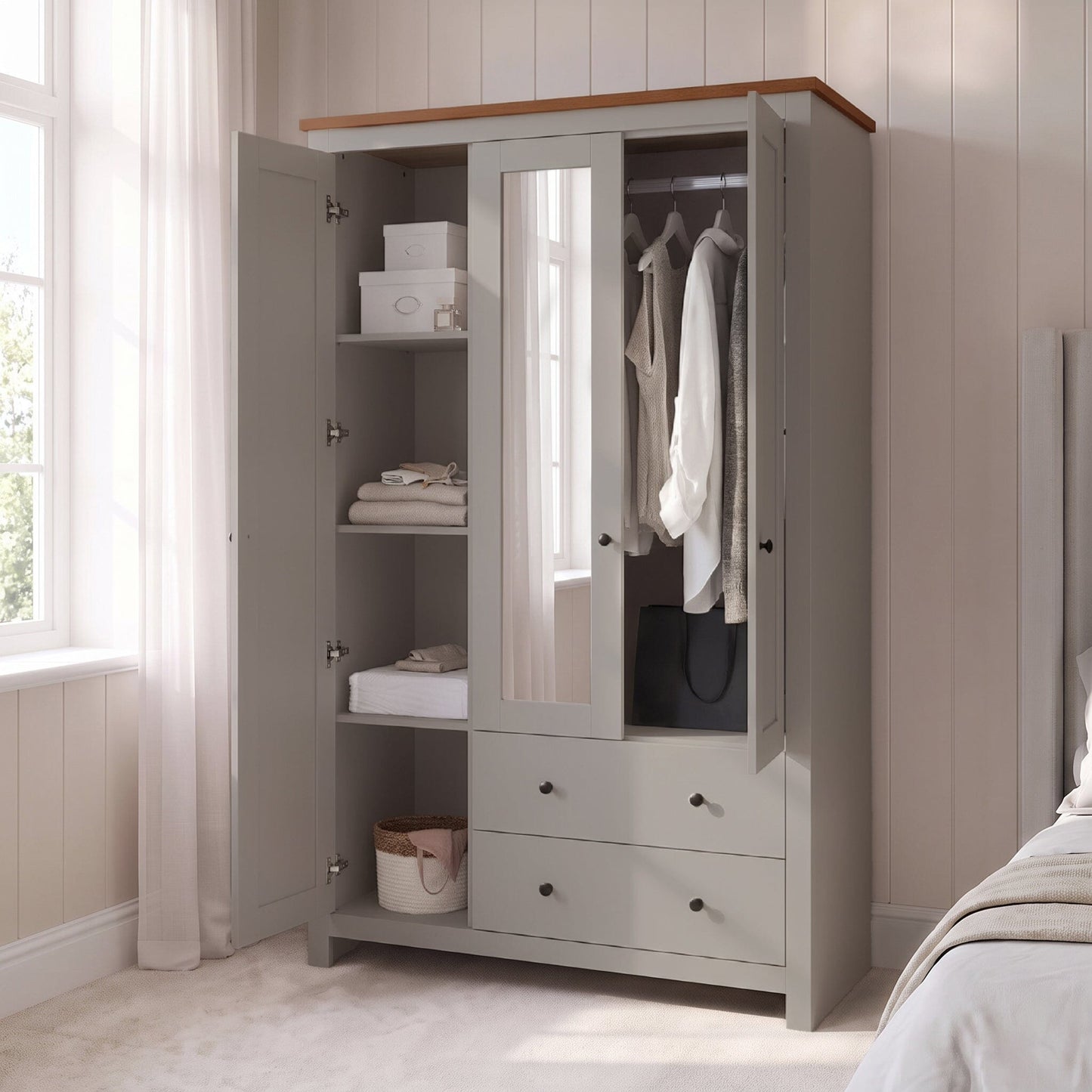 Bampton 3 Door Wardrobe with 2 Drawers - Stone Grey - Laura James 