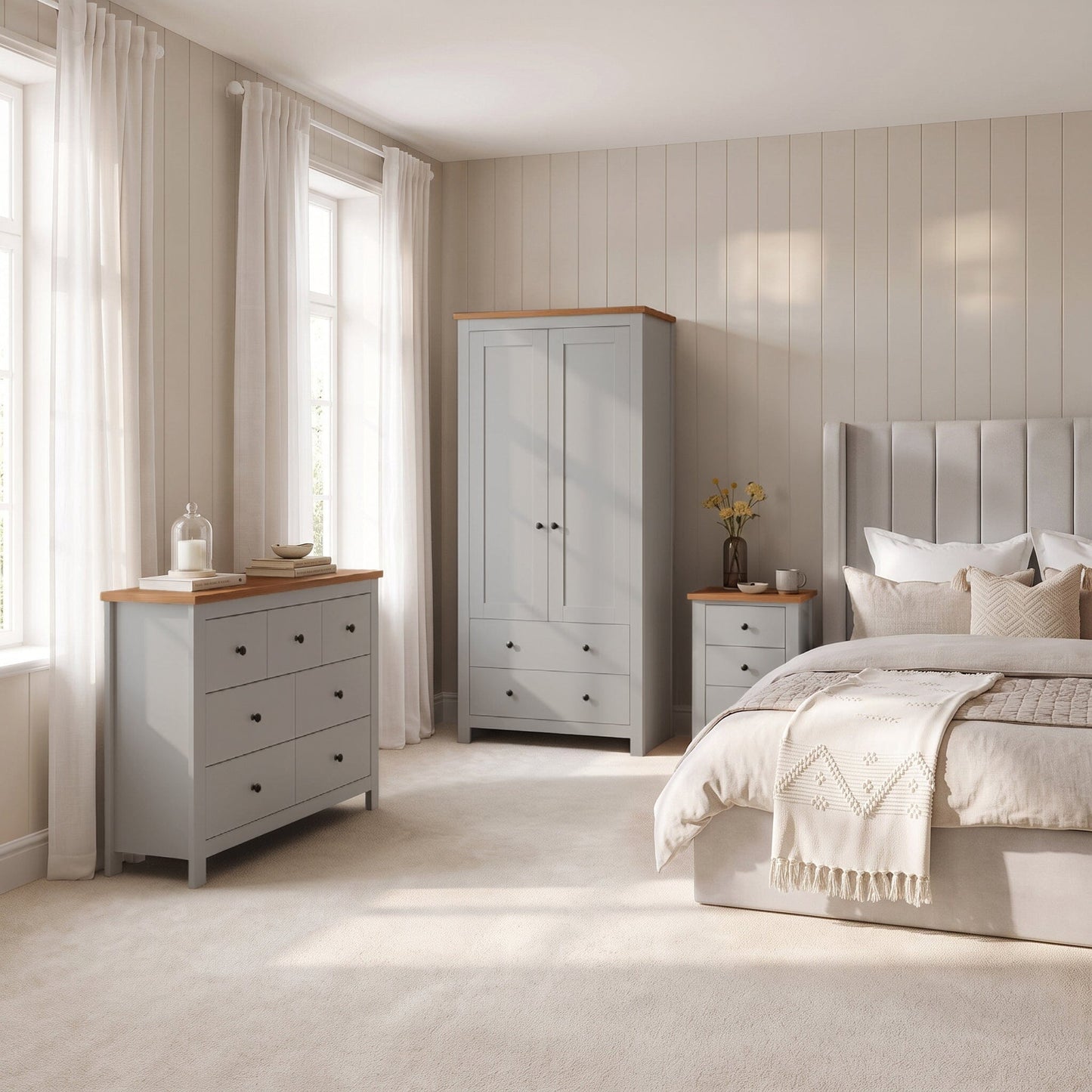 Bampton 3 Piece Bedroom Set - 3 Over 4 Chest of Drawers - Stone Grey - Laura James 