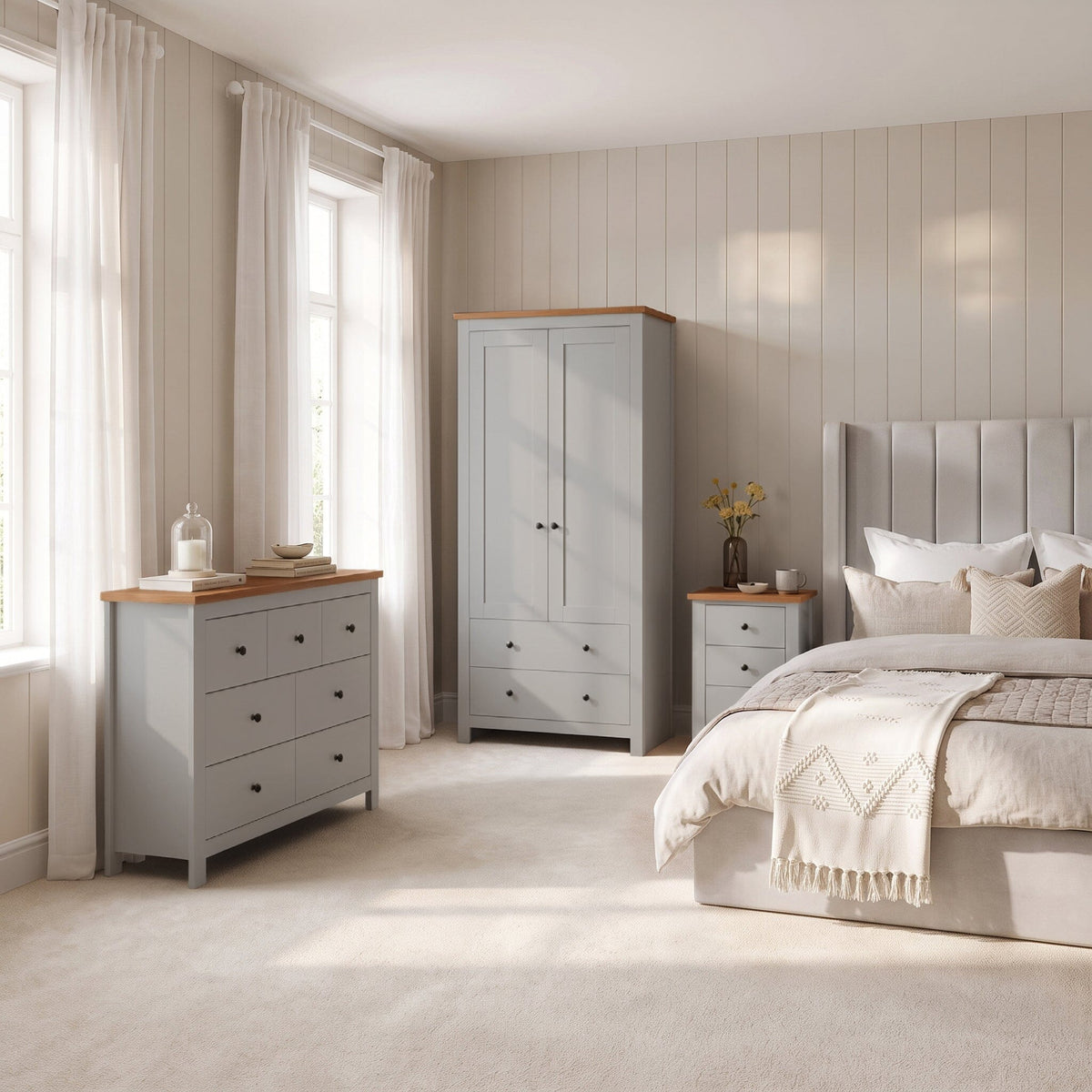 Bampton 3 Piece Bedroom Set - 3 Over 4 Chest of Drawers - Stone Grey - Laura James 