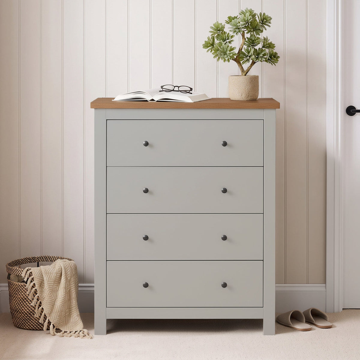 Bampton 4 Drawer Tall Chest of Drawers - Stone Grey - Laura James 