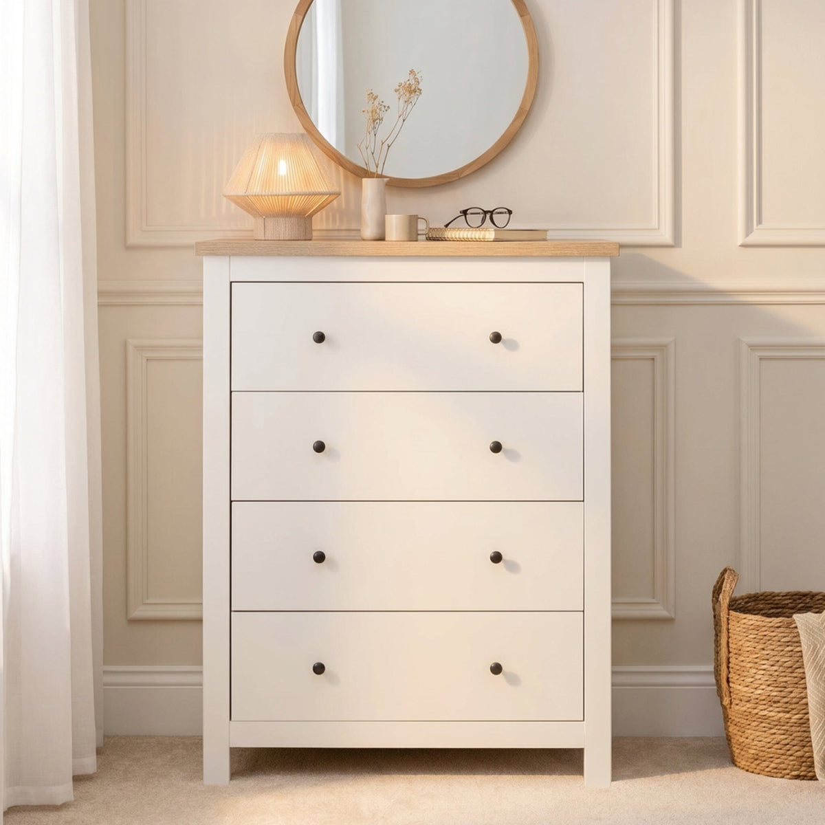 Bampton 4 Piece Bedroom Set - Chest of 4 Drawers - Alabaster White - Laura James 