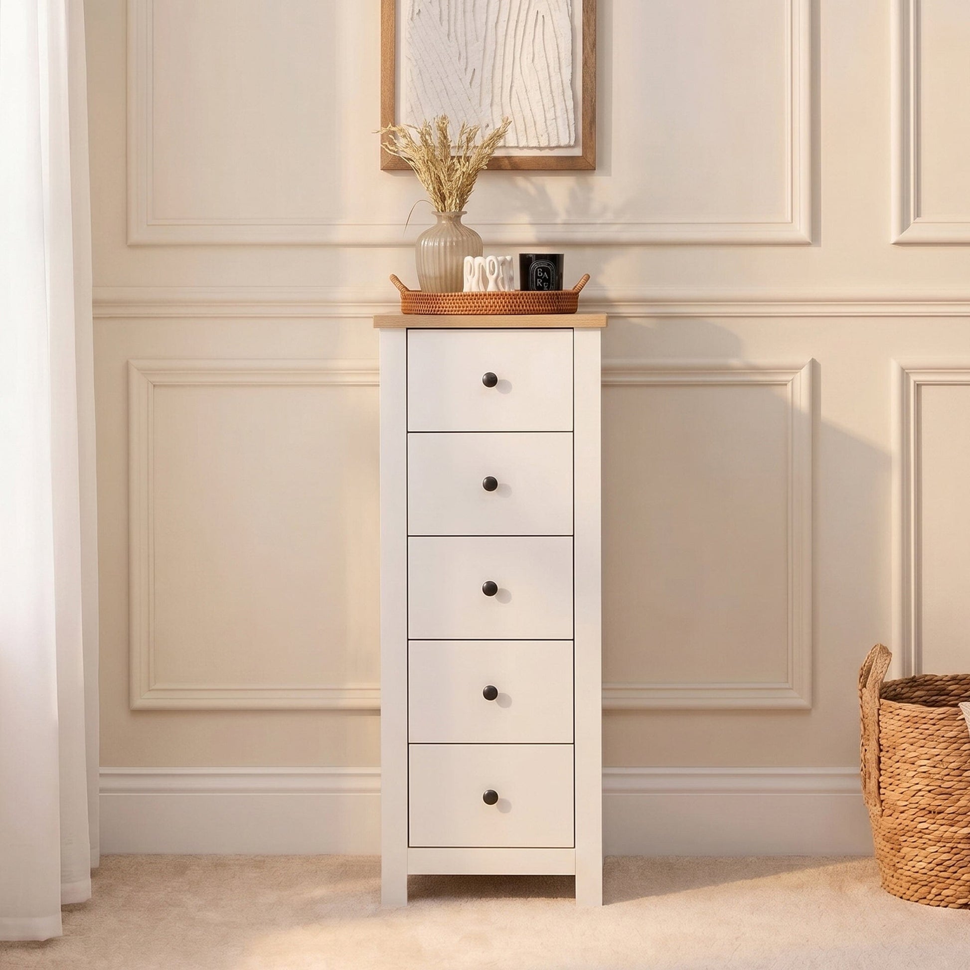 Bampton 5 Drawer Tallboy - Alabaster White - Laura James 