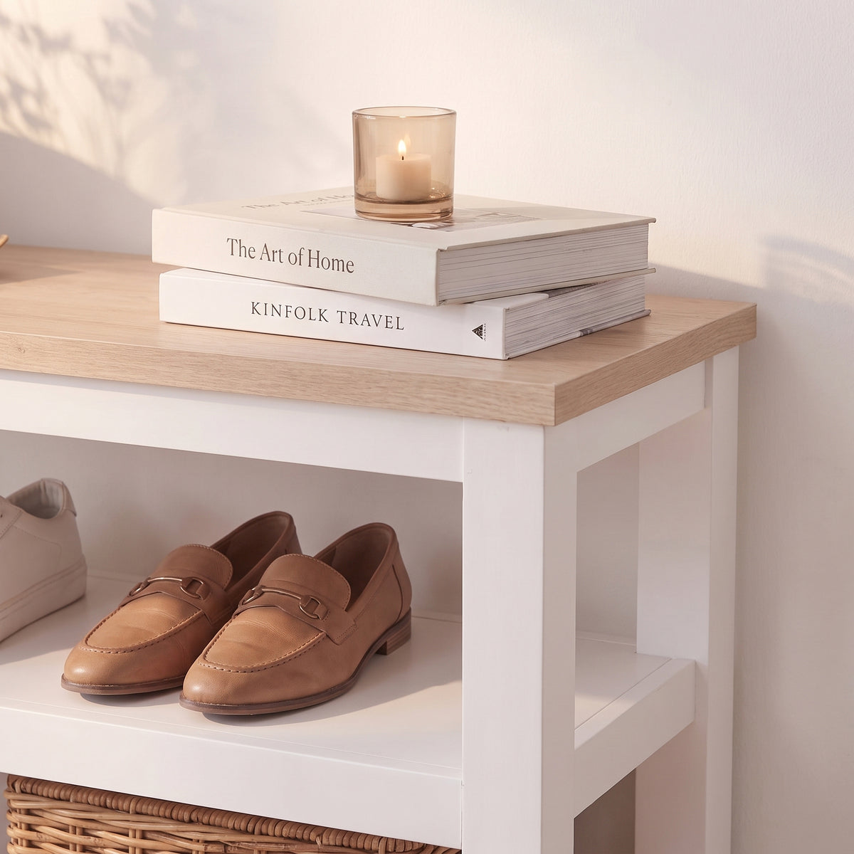 Bampton Alabaster White Open Shoe Rack - Coastal Oak Top - New - Laura James 