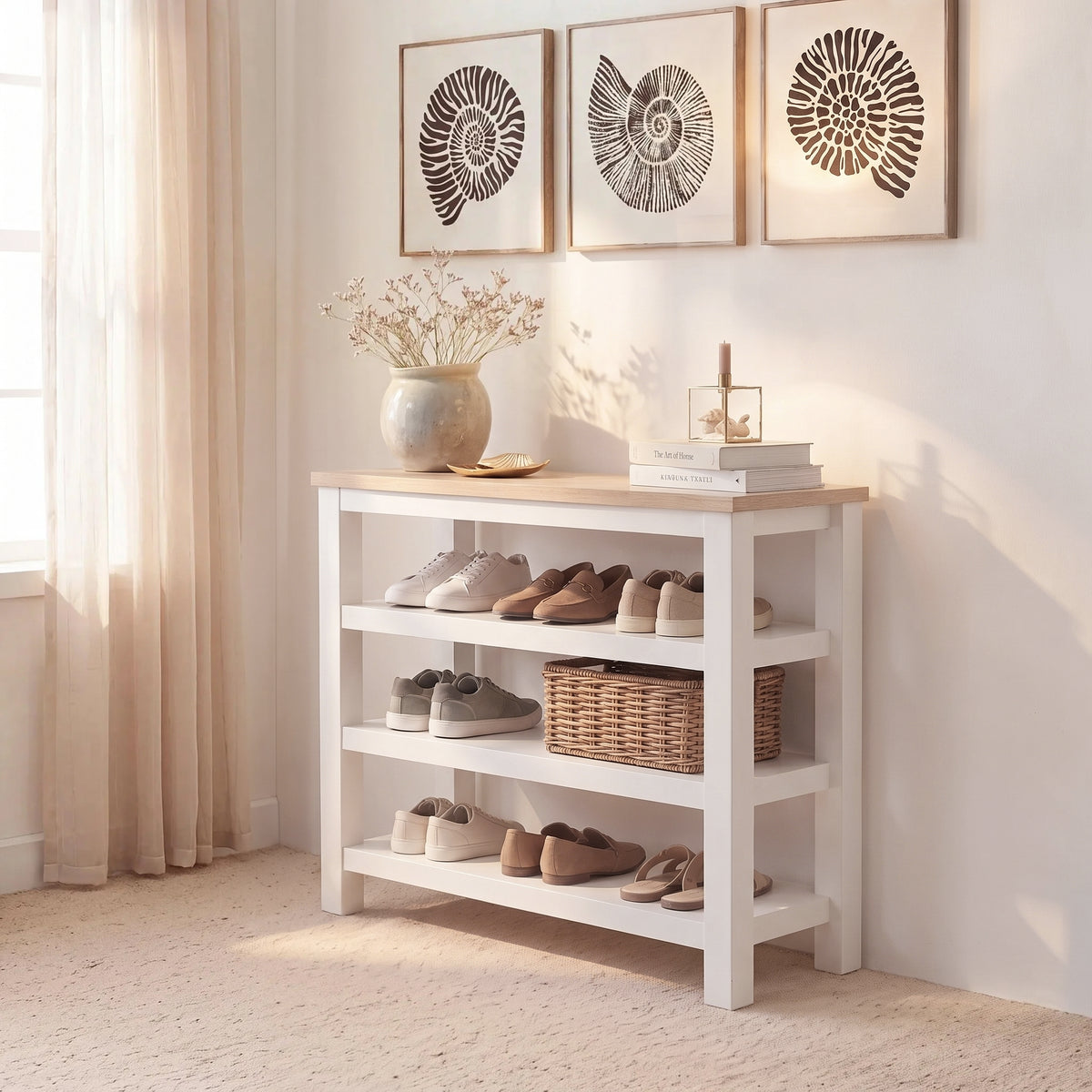 Bampton Alabaster White Open Shoe Rack - Coastal Oak Top - New - Laura James 