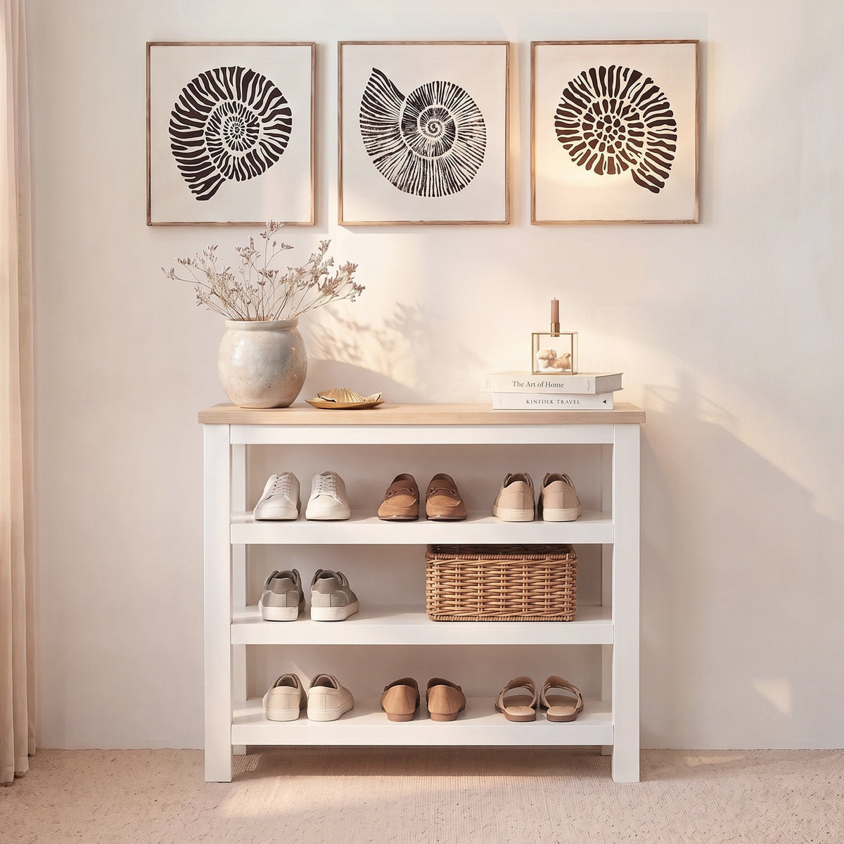 Bampton Alabaster White Open Shoe Rack - Coastal Oak Top - New - Laura James 
