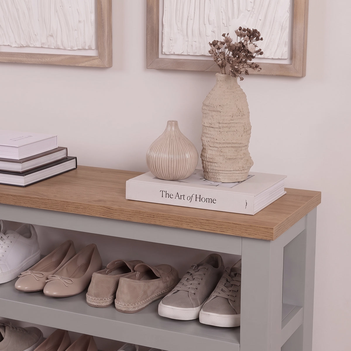 Bampton Stone Grey Open Shoe Rack - Warm Oak Top - New - Laura James 