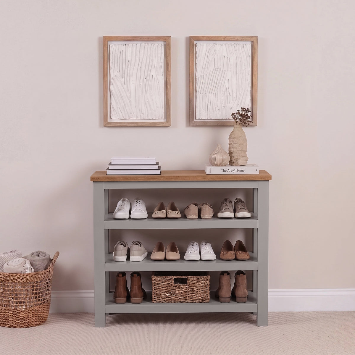 Bampton Stone Grey Open Shoe Rack - Warm Oak Top - New - Laura James 