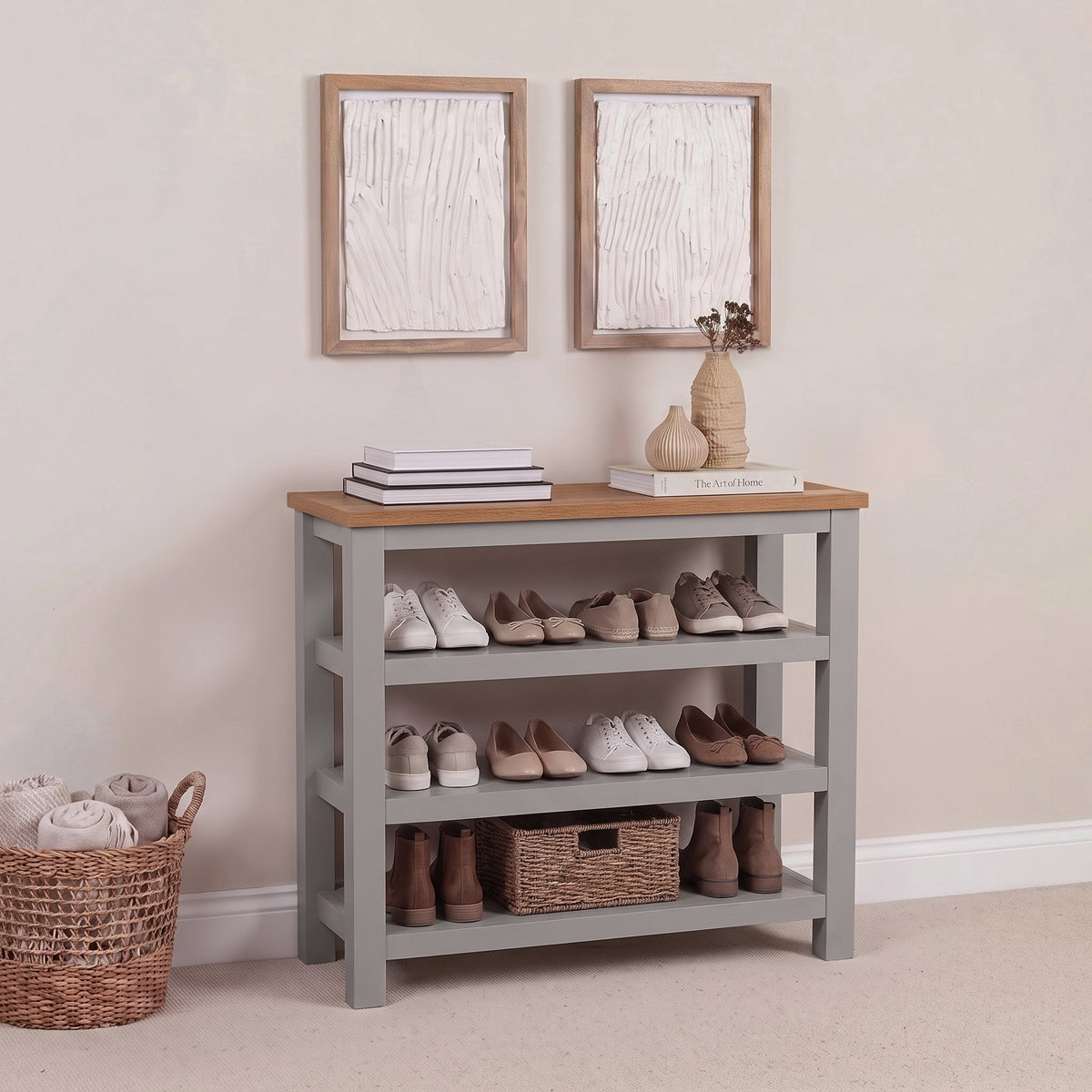 Bampton Stone Grey Open Shoe Rack - Warm Oak Top - New - Laura James 