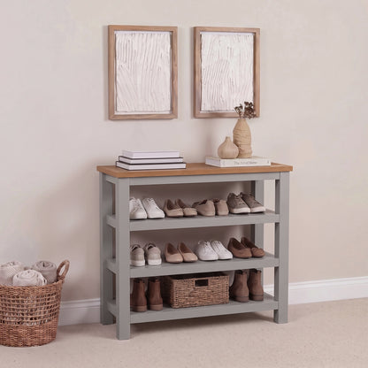Bampton Stone Grey Open Shoe Rack - Warm Oak Top - New - Laura James 