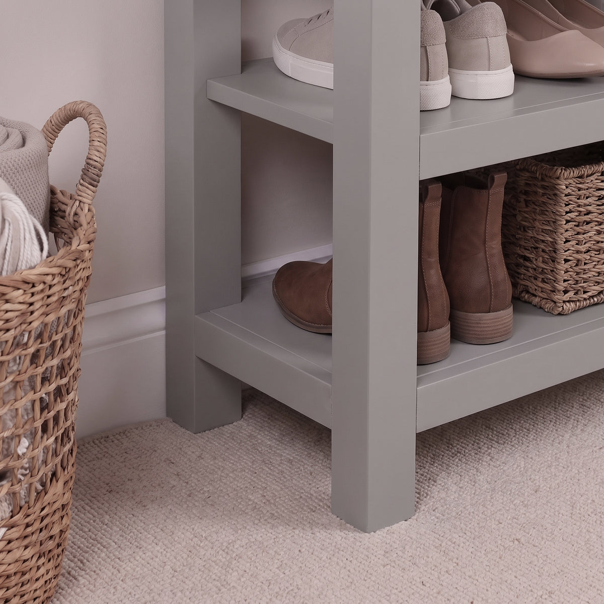 Bampton Stone Grey Open Shoe Rack - Warm Oak Top - New - Laura James 