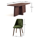 Bastian 220cm Coffee Brown Mango Wood Dining Table Set - 6 Seater - Freya Fern Green Dining Armchairs - Coffee Brown Mango Wood Legs - Laura James 