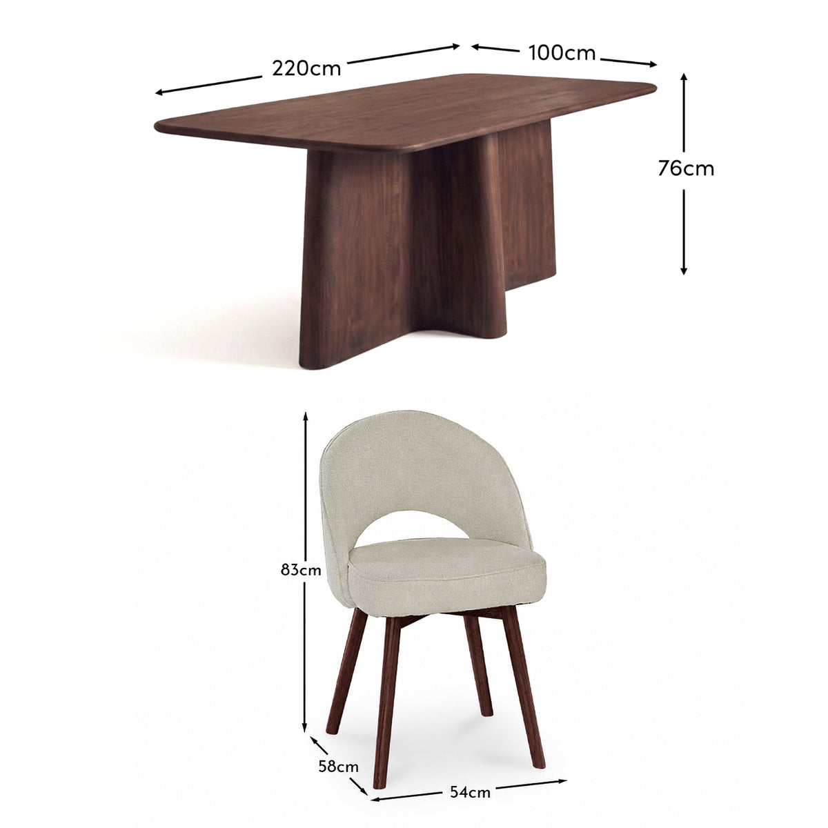 Bastian 220cm Coffee Brown Mango Wood Dining Table Set - 6 Seater - Marilyn Light Beige Boucle Dining Chairs -  Coffee Brown Mango Wood Legs - Laura James