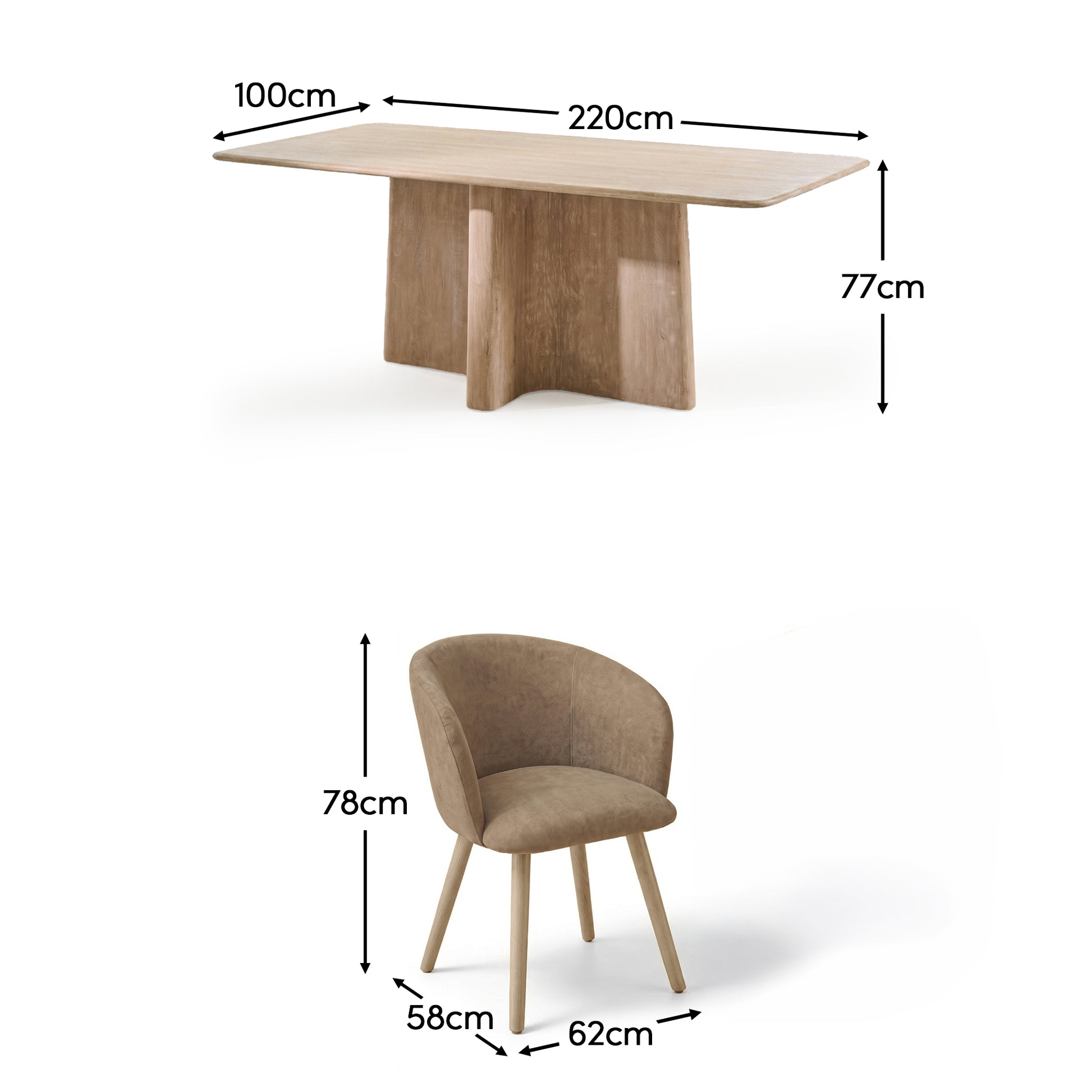 Bastian 220cm Limewash Dining Table Set - 6 Seater - Archer Natural Brown Dining Chairs - Whitewash Legs - Laura James 