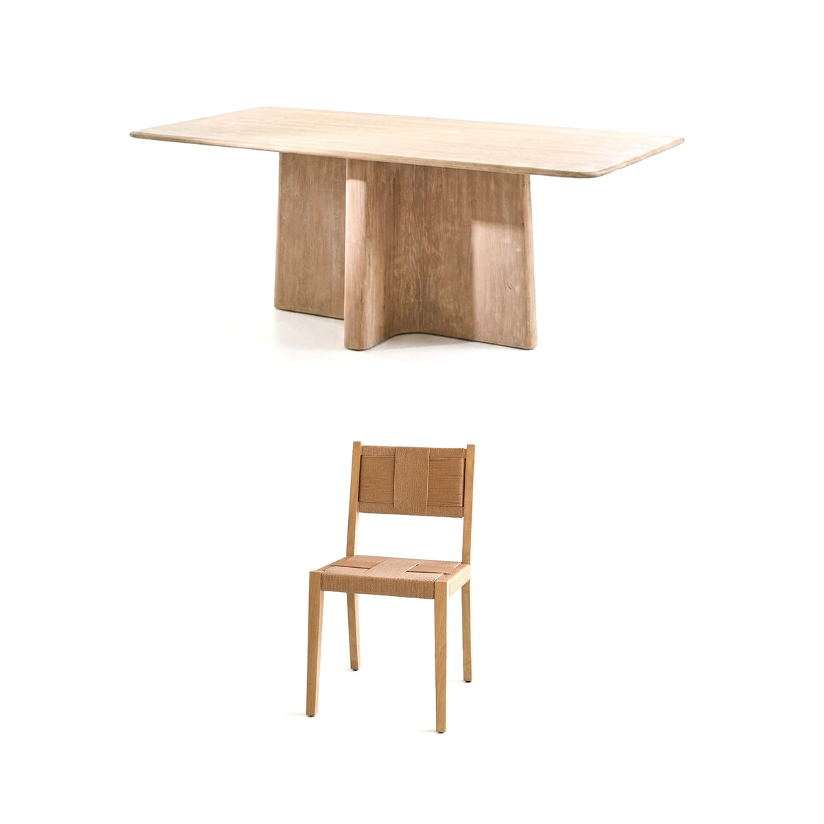 Bastian 220cm Limewash Dining Table Set - 6 Seater - Dinah Natural String Dining Chairs - Whitewash Oak Legs - Laura James 