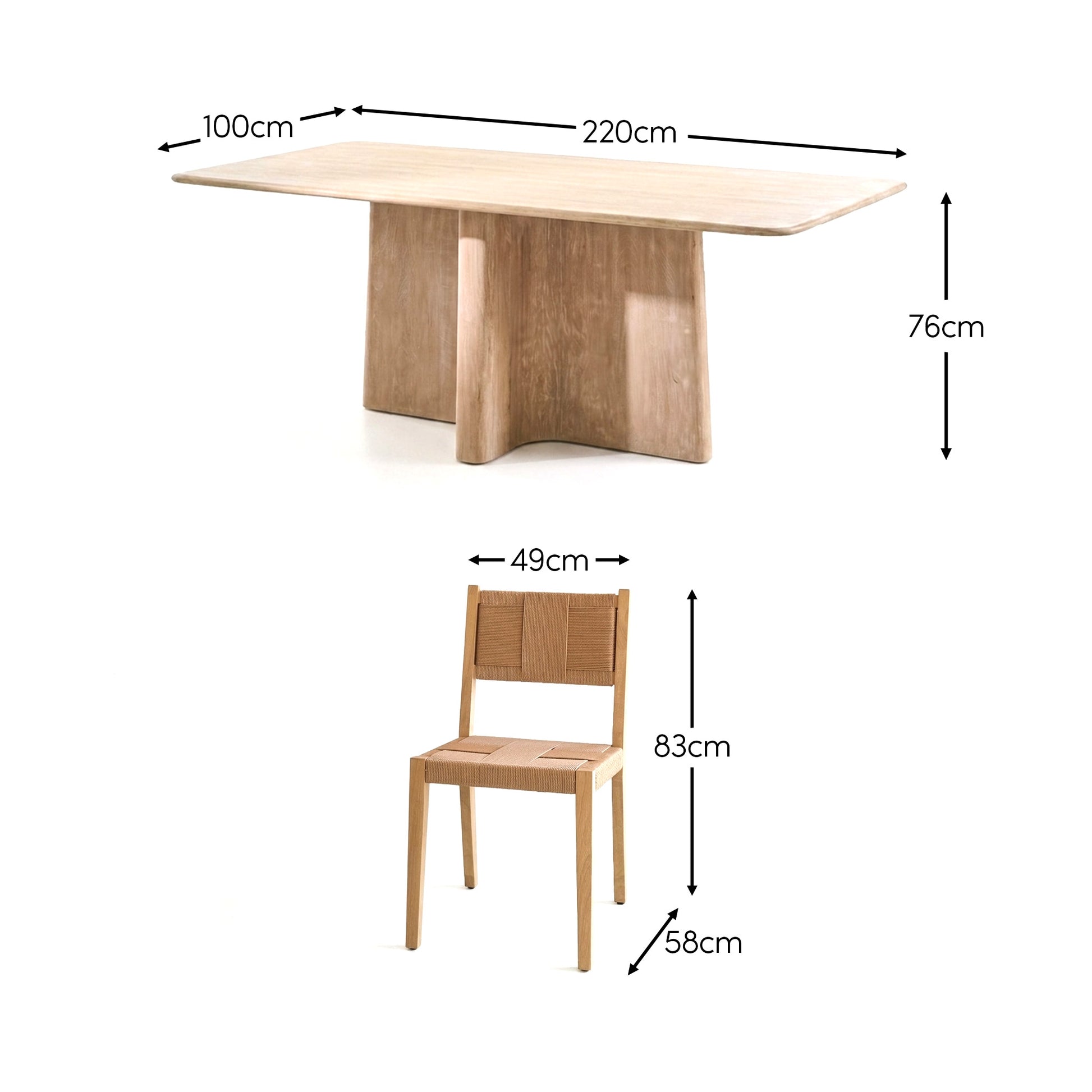 Bastian 220cm Limewash Dining Table Set - 6 Seater - Dinah Natural String Dining Chairs - Whitewash Oak Legs - Laura James 