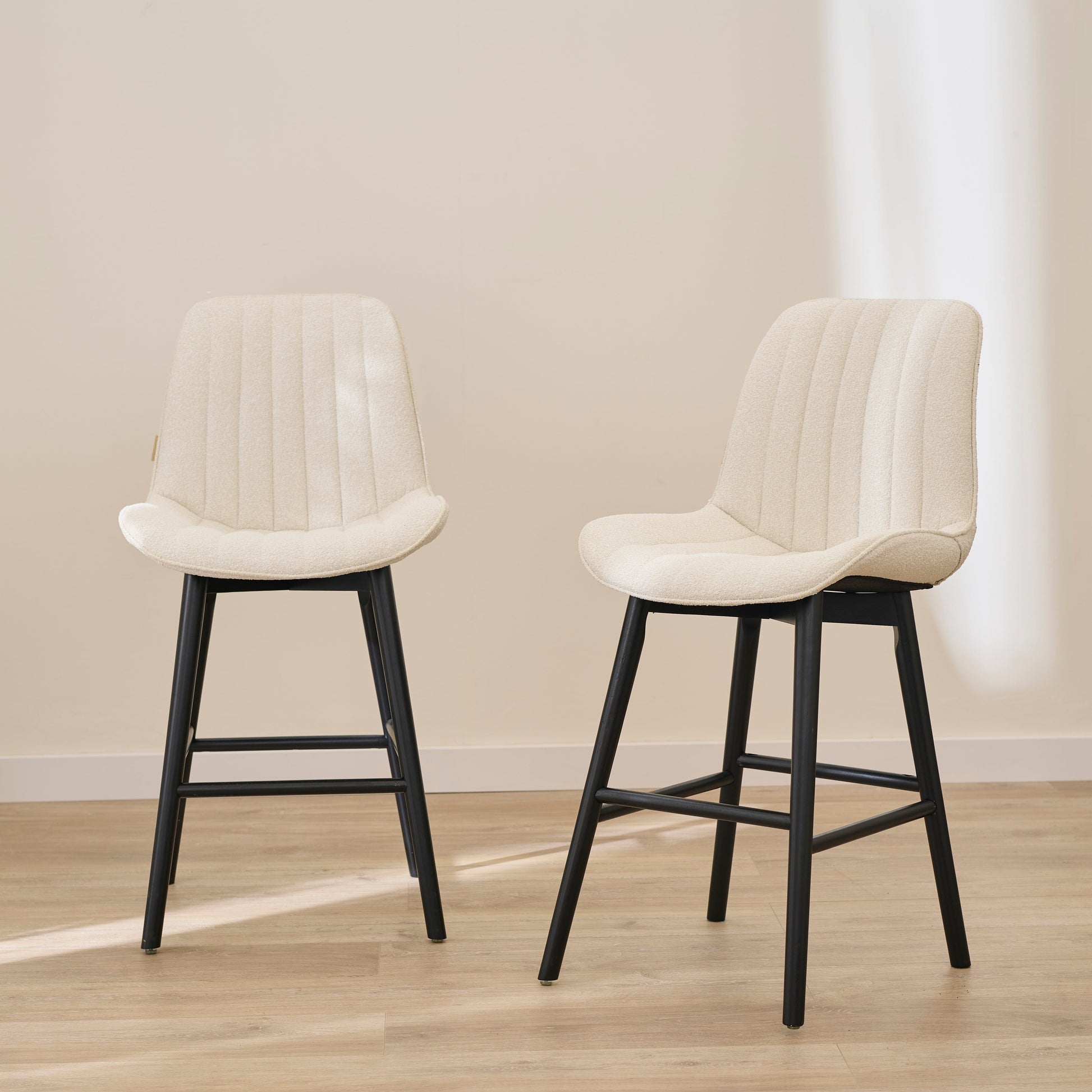 Bella Light Beige Boucle Bar Stool - Black Oak Legs - Laura James 