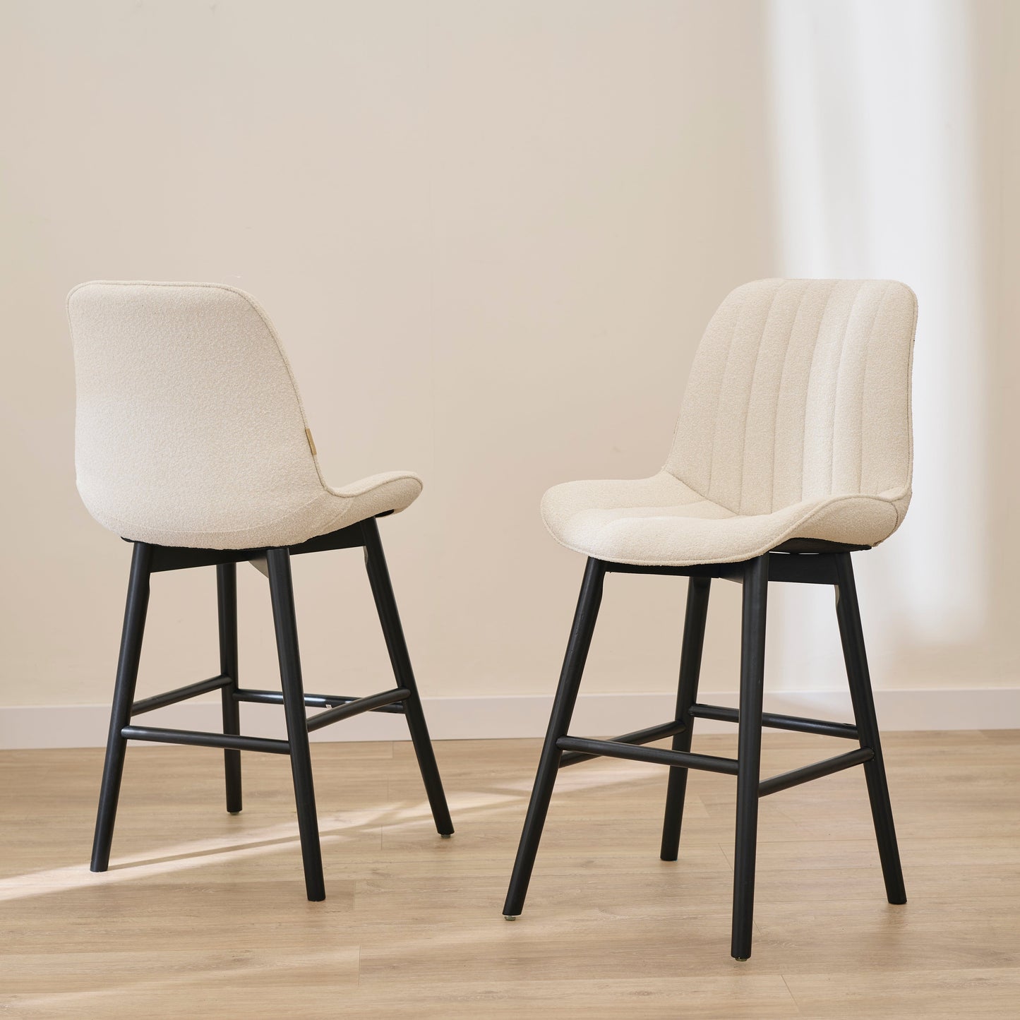 Bella Light Beige Boucle Bar Stool - Black Oak Legs - Laura James 