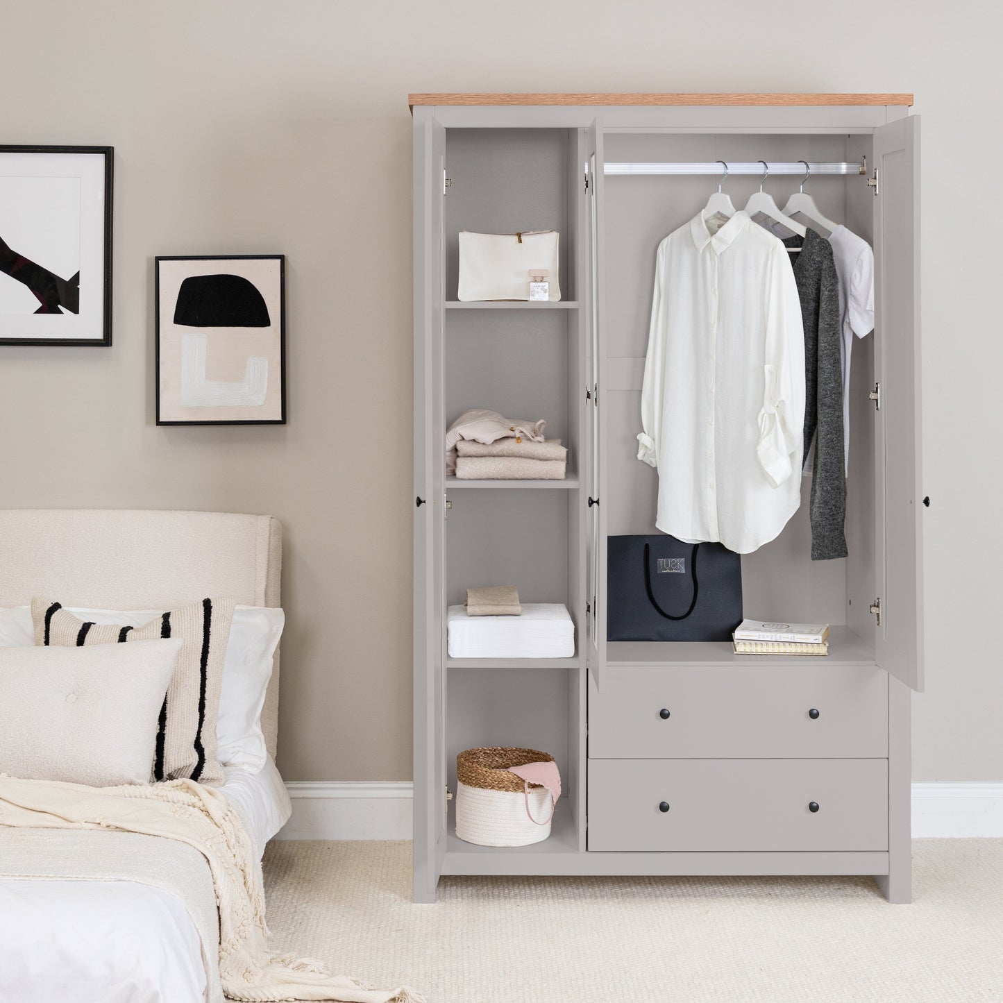 Outlet - Bampton 3 Door Wardrobe with 2 Drawers - Stone Grey