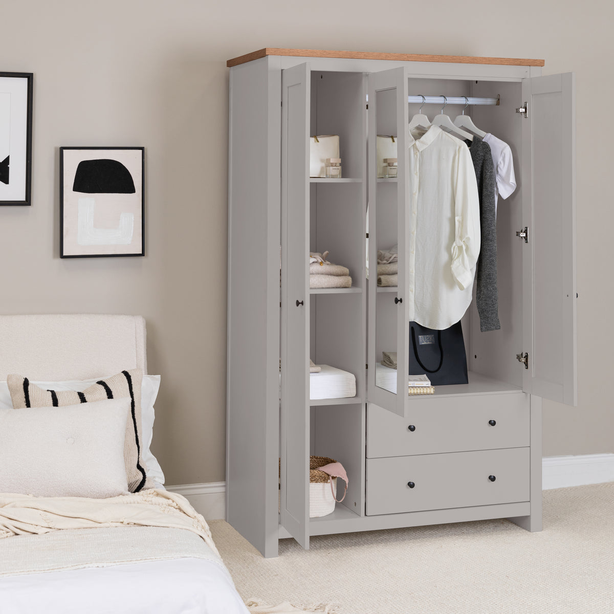 Bampton 3 Door Wardrobe with 2 Drawers - Grey