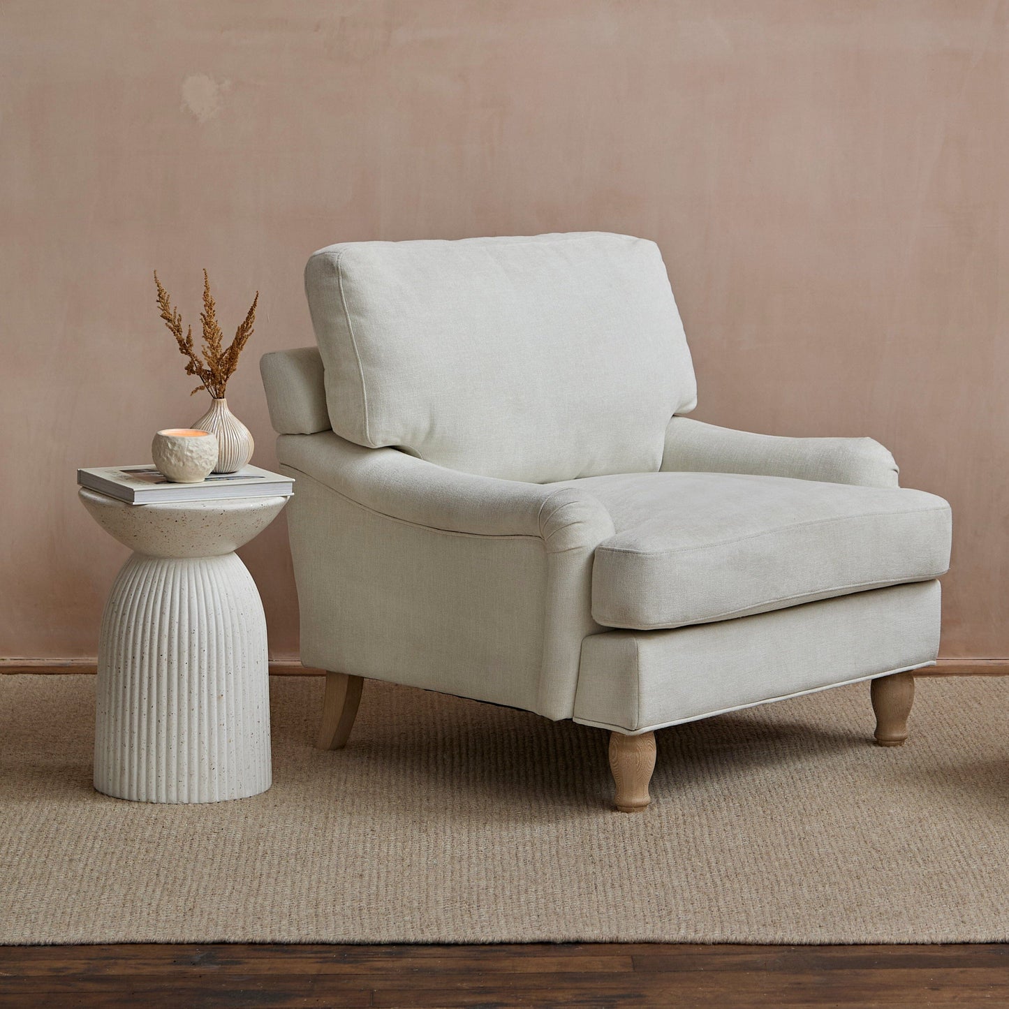 Brea Oyster White Armchair - Whitewash Oak Legs - Laura James