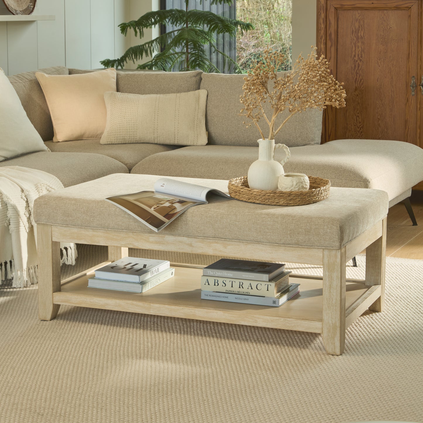 Breccan 110cm Footstool Coffee Table - Mink Taupe - Whitewash Oak Legs - Laura James