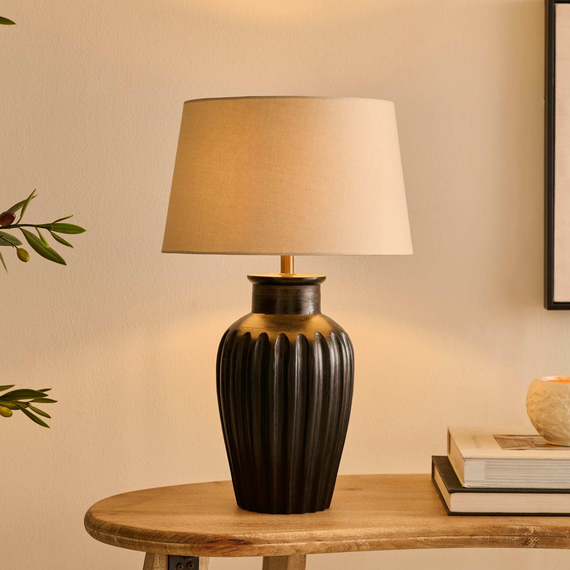 Burcot 28cm Jet Black Mango Wood Lamp Base with Coningsby 30cm Shade - Taupe - Laura James 