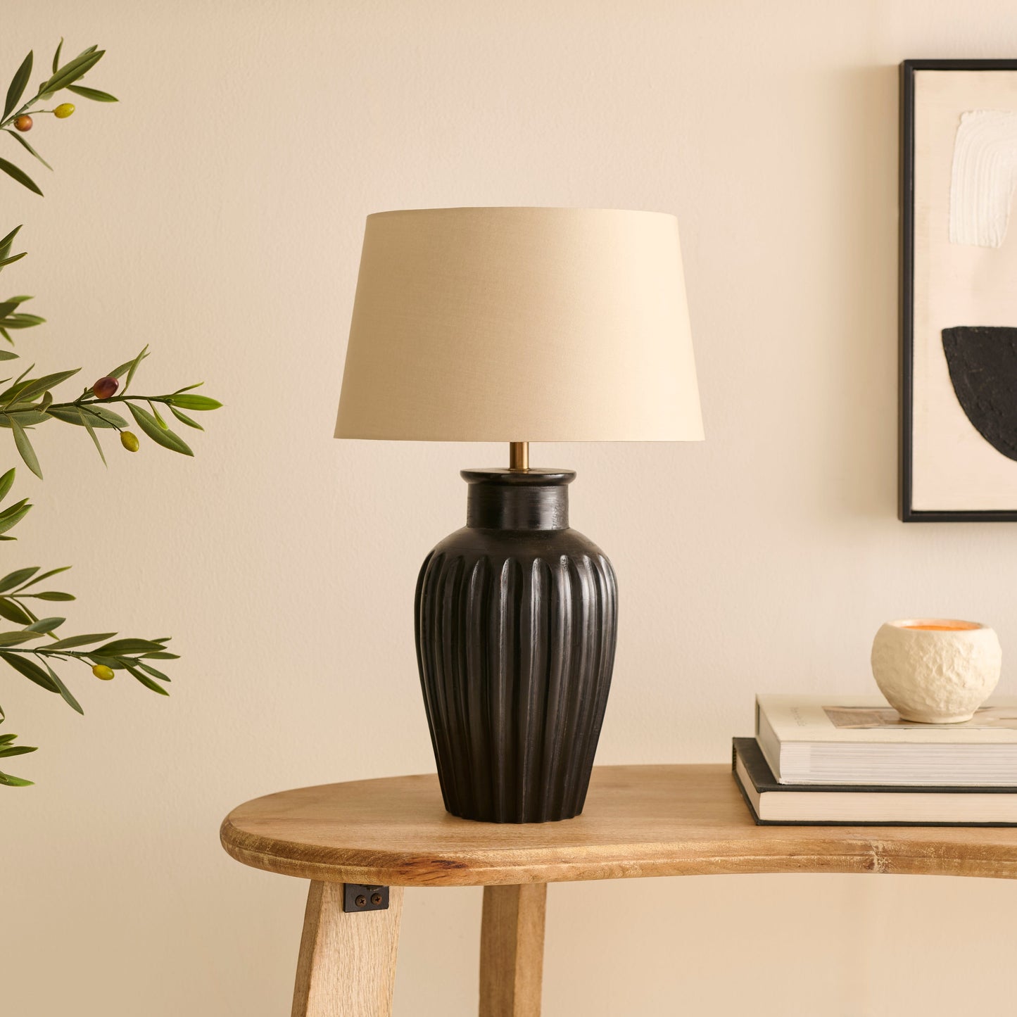 Burcot 28cm Jet Black Mango Wood Lamp Base with Coningsby 30cm Shade - Taupe - Laura James 